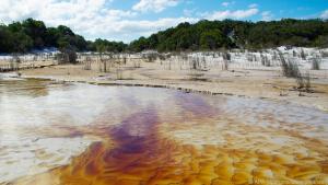 Ein Delta aus roten Bächen mündet in den Lake Boomanjin