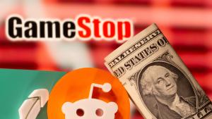 FILE PHOTO: A 3d printed Robinhood and Reddit logos are seen near one dollar banknotes in front of displayed GameStop logo