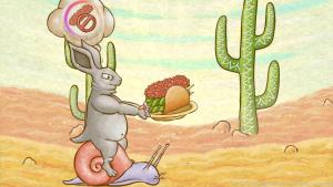 Dieser hungrige Hase kommt auf einer Schnecke angeritten
