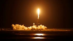 The Inspiration 4 civilian crew aboard a SpaceX Falcon 9 rocket launches from Kennedy Space Center