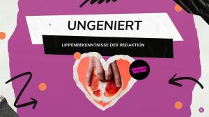 Titelbild von dem Format Ungeniert zeigt violett-weißes Design mit orangen Punkten sowie einem Herz in der Mitte, das eine Grapefruithälft enthält