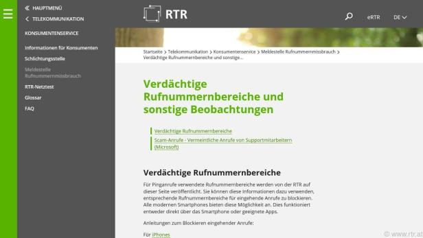 Die RTR listet auf ihrer Homepage missbräuchlich verwendete Vorwahlen auf