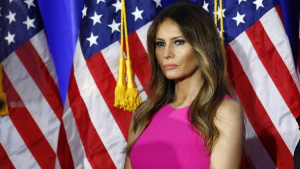 Melania Trump posiert im pinken Kleid vor der amerikanischen Flagge