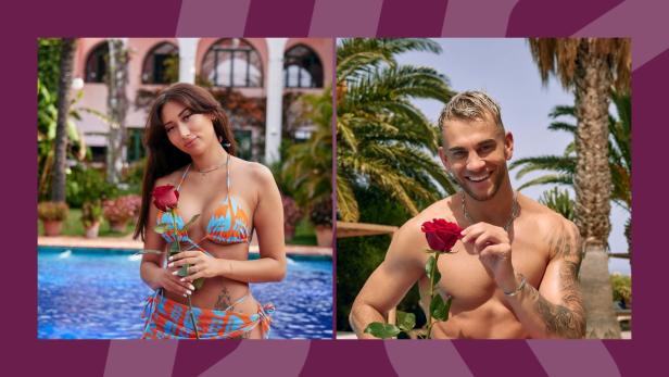 Eine Frau und ein Mann in Badebekleidung posieren mit einer Rose in der Hand