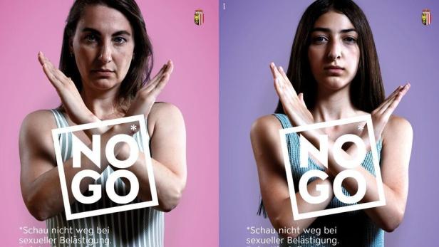 Plakate machen auf die Awareness-Kampagne &quot;NO GO&quot; aufmerksam.