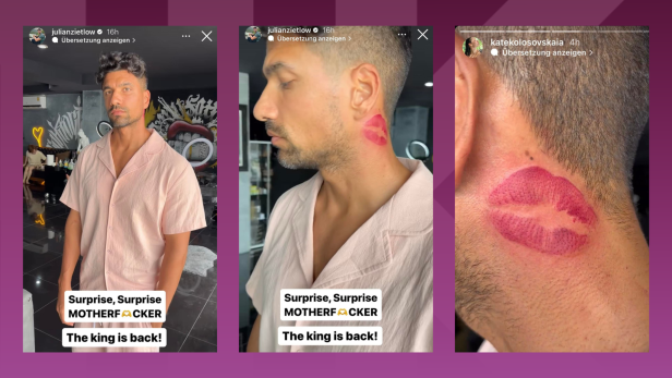 Drei Screenshots aus Julian Zietlows instagram-Story, die den Influencer in Nahaufnahme zeigen. Auf dem dritten Bild ist eine Großaufnahme eines Kusstattoos auf seinem Hals.