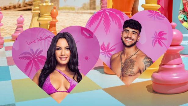 Love Island Kandidaten Evi und Leandro sind in zwei Herzformen zu sehen. Im Hintergrund sieht man bunte Schachfiguren aus dem Love-Island-Logo.