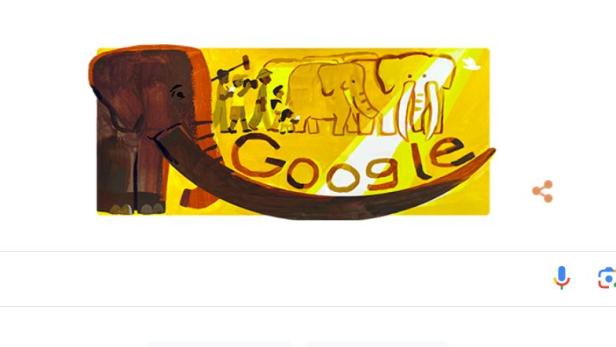 Screenshot der Google Suche mit dem Google Doodle von Ahmet dem Elefanten in Cartoonform im Hintergrund
