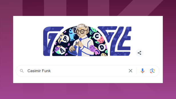 Lila Hintergrund mit Screenshot des aktuellen Google Doodles, auf dem eine Illustration eines Biochemikers zu sehen ist