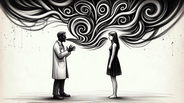 Eine Zeichnung zeigt einen Mann im Arztkittel der einer Frau gegenübersteht.
