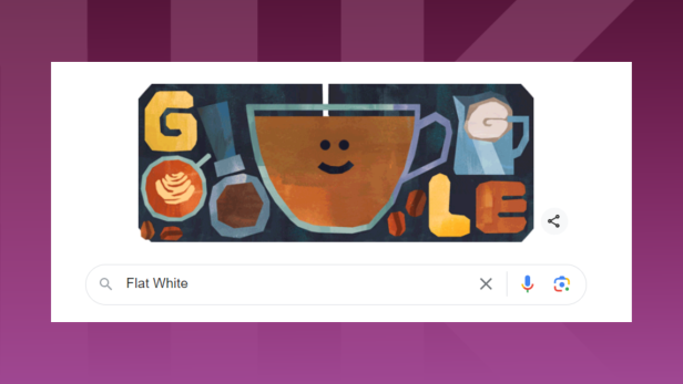 Titelbild eines Google Doodles mit Kaffeetasse im Comic-Stil