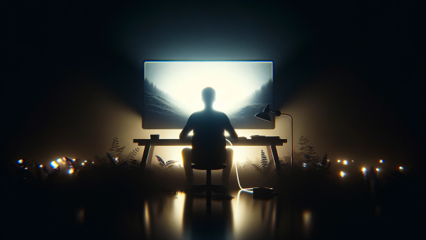 Man sieht den Schatten eines Mannes, der an einem Schreibtisch vor einem hell erleuchteten Bildschirm sitzt.